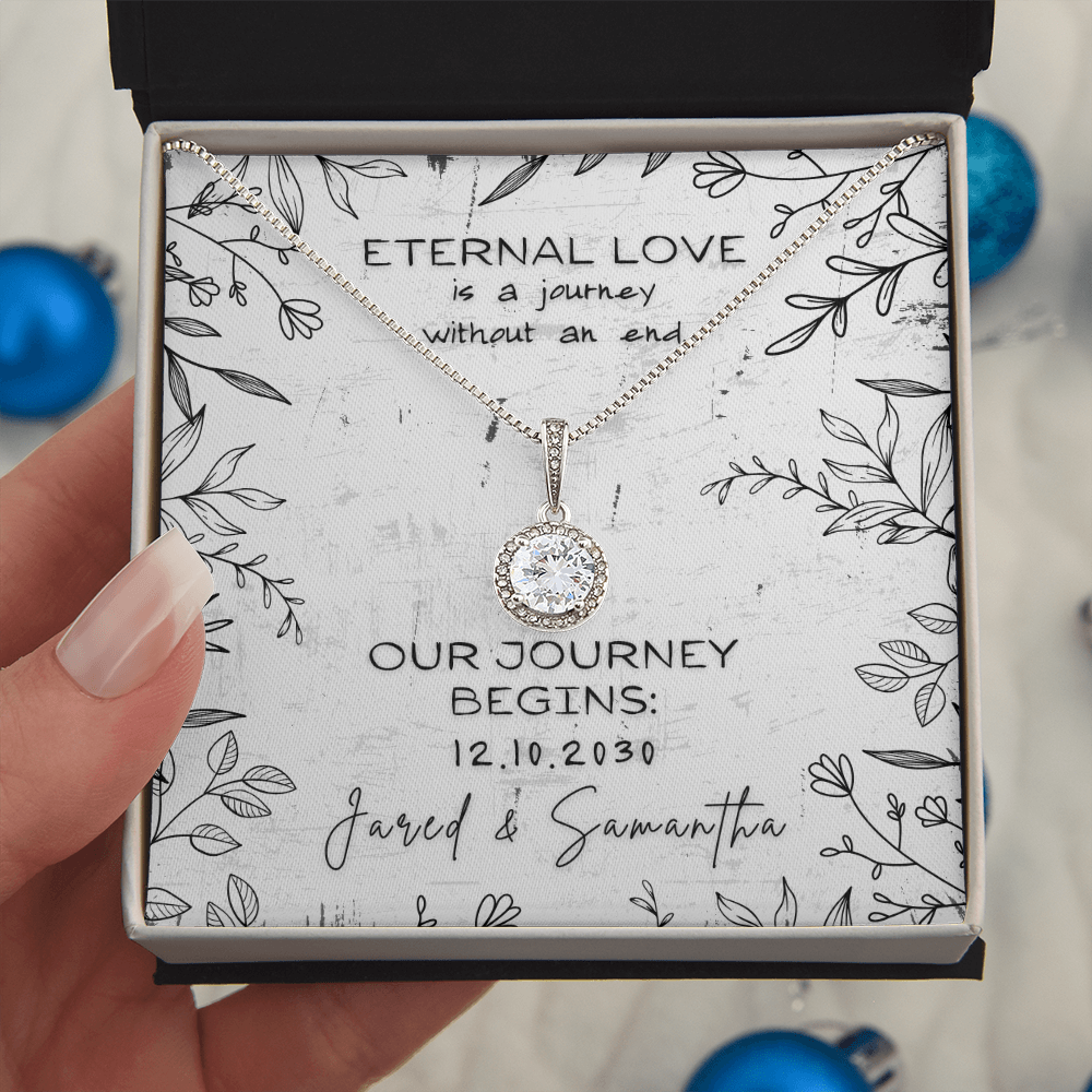 Personalized Eternal Love CZ Crystal, 14 K White Gold Necklace for Engagement, Wedding or Anniversary Gift