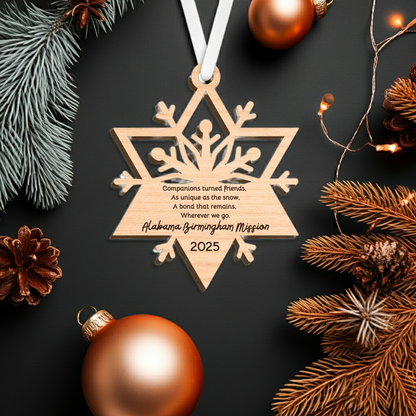 Personalized Laser-Engraved Wooden Snowflake Ornament Gift for LDS Missionaries with Mission Area and Dates
