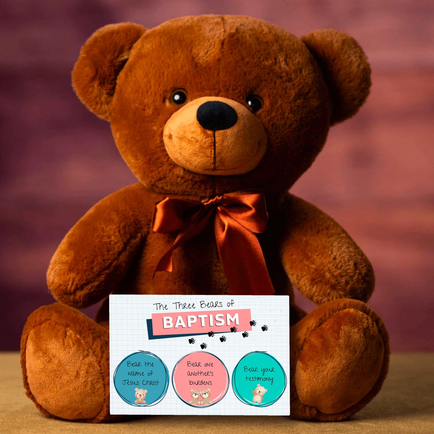 LDS Baptism Gift Teddy Bear with the "Three Bears of Baptism" Card