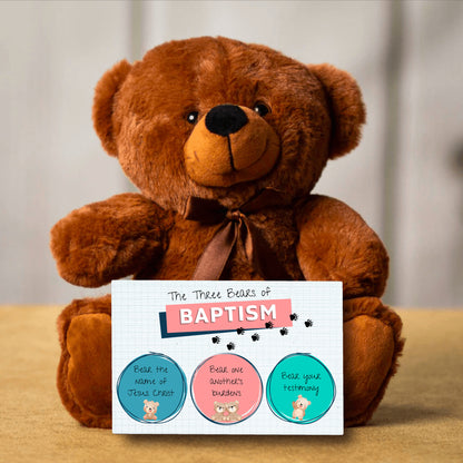 LDS Baptism Gift Teddy Bear with the "Three Bears of Baptism" Card