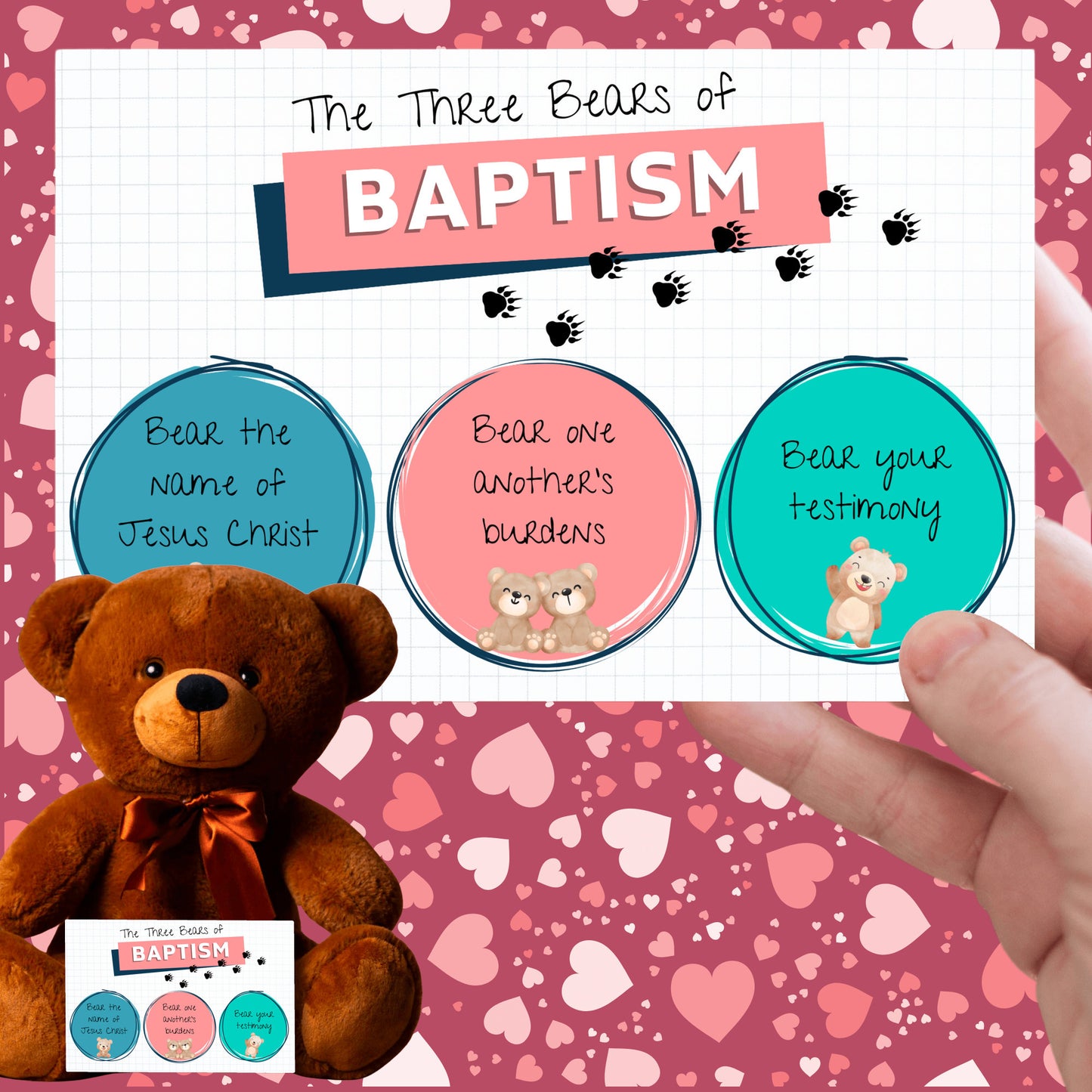 LDS Baptism Gift Teddy Bear with the "Three Bears of Baptism" Card