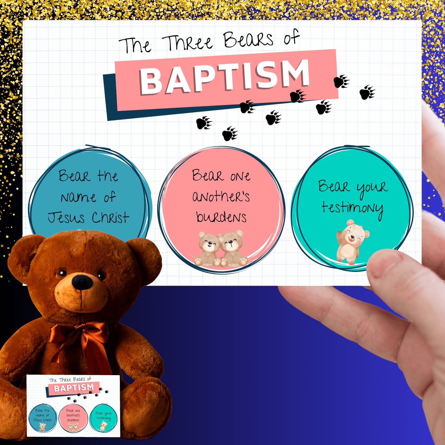 LDS Baptism Gift Teddy Bear with the "Three Bears of Baptism" Card