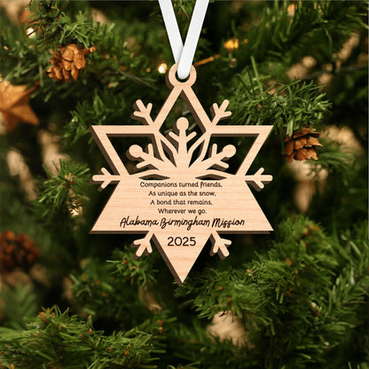 Personalized Laser-Engraved Wooden Snowflake Ornament Gift for LDS Missionaries with Mission Area and Dates